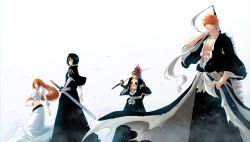 2boys 2girls abarai_renji abs absurdres badge black_hair black_hakama black_kimono bleach bleach:_sennen_kessen-hen brown_eyes chest_tattoo detached_sleeves fukutaichou_badge hair_between_eyes hakama hand_in_pocket headband highres inoue_orihime japanese_clothes kimono kuchiki_rukia kurosaki_ichigo long_hair mitarashi_(5333069) multiple_boys multiple_girls muscular muscular_male obi orange_hair over_shoulder pectoral_cleavage pectorals purple_eyes red_hair sash shihakusho short_hair spiked_hair sword sword_on_back tattoo torn_clothes weapon weapon_on_back weapon_over_shoulder white_background white_sash wide_sleeves zangetsu_(shikai) zanpakutou