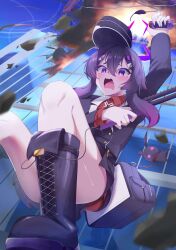 1girl absurdres bag blue_archive boots building commentary_request convenient_leg debris detonator explosion falling foreshortening hair_between_eyes hair_ornament hairclip halo haruka_(blue_archive) highres long_hair long_sleeves nyagama purple_eyes purple_hair scared school_bag school_uniform shoelaces skyscraper solo thighs wavy_mouth