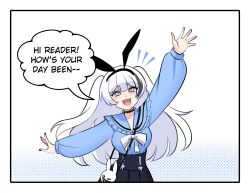 1girl :d animal_ear_hairband animal_ears arm_up black_choker black_nails black_skirt black_streaks blue_eyes blue_shirt blush border bow breasts choker commentary double-parted_bangs english_commentary english_text fake_animal_ears fang fourth_wall hairband high-waist_skirt highres long_hair long_sleeves looking_at_viewer merryweather multicolored_hair open_mouth original rabbit_ear_hairband rabbit_ears ryuuxin sally_sinclair shirt simple_background skirt smile solo speech_bubble streaked_hair white_background white_bag white_border white_bow white_hair