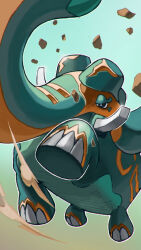 animal_ears animal_focus bright_pupils copperajah creatures_(company) elephant elephant_ears game_freak gen_8_pokemon highres horns jumping looking_at_viewer nintendo no_humans plankton_(ganoona) pokemon pokemon_(creature) solo tusks white_pupils