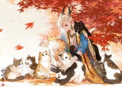 Rule 34 | 1boy, animal, animal on lap, animal on shoulder, black cat, black sclera, blue hair, blue robe, cat, chinese commentary, choker, colored sclera, dragon boy, dragon horns, earrings, falling leaves, feather trim, forehead jewel, full body, gem, gradient hair, green gemstone, horns, ichimoku ren (onmyoji), jewelry, leaf, long hair, looking at animal, male focus, maple leaf, maple tree, multicolored hair, nail polish, on lap, onmyoji, orange cat, patterned clothing, pectoral cleavage, pectorals, pendant, petting, pointy ears, ragdoll (cat), red choker, red nails, robe, scarf, seal impression, side part, sleeves rolled up, smile, solo, squatting, stole, tree, two-tone robe, white background, white hair, white robe, xuedaixun, yellow eyes, yellow scarf