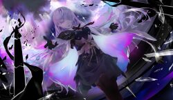 1girl absurdres arcaea black_gloves black_pantyhose black_skirt bow collared_shirt colorful_background cowboy_shot earrings empty_eyes gloves hair_between_eyes highres insight_(arcaea) jewelry long_sleeves necktie pantyhose purple_eyes reaching reaching_towards_viewer red_necktie shirt single_shoulder_pad skirt smile solo thigh_strap white_hair white_shirt xettia yellow_bow