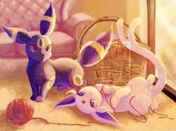 animal_focus artist_name basket blue_eyes blurry blurry_background colored_sclera couch espeon facial_mark forehead_jewel forehead_mark forked_tail full_body gem gen_2_pokemon highres indoors looking_at_another looking_at_viewer lying nintendo no_humans on_back on_floor pokemon pokemon_(creature) purple_eyes red_gemstone red_sclera string tail umbreon watermark wooden_floor yarn yarn_ball yuhata_(yuh4t4)