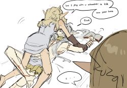 ... 1boy 2girls all_fours arm_tattoo bed_sheet blonde_hair book chest_tattoo dungeon_meshi elf english_text fleki gloves gorget grey_hair hair_around_ear hair_tubes hetero highres holding holding_book long_hair looking_at_another low_twintails lycion lying multiple_girls notched_ear nova_1810 on_back on_bed pattadol pointy_ears simple_background sketch sleeveless speech_bubble spoken_ellipsis tattoo topless_male tunic twintails white_background