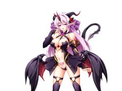 Rule 34 | 1girl, :o, breasts, bridal gauntlets, cleavage, demon girl, demon horns, demon tail, demon wings, detached sleeves, flower, game cg, gold trim, hair flower, hair ornament, heart, heart o-ring, horns, inoino, kouyoku senki exs-tia, large breasts, large variant set, long hair, looking at viewer, low wings, luxtia, navel, non-web source, o-ring, official art, open mouth, pink eyes, pink hair, pointy ears, pubic tattoo, revealing clothes, showgirl skirt, single horn, solo, tachi-e, tail, tattoo, thighhighs, transparent background, variant set, wings