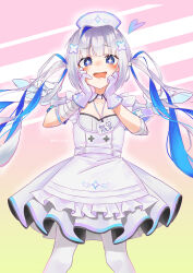 +_+ 1girl absurdres amane_kanata amane_kanata_(nurse) bandaged_arm bandages blue_hair blush cowboy_shot detached_collar dress flat_chest gloves gradient_background grey_hair hair_ornament hands_on_own_face hat highres hololive lanyard long_hair looking_at_viewer multicolored_hair null_suke nurse nurse_cap open_mouth pantyhose purple_eyes solo standing twintails twitter_username two-tone_hair virtual_youtuber white_dress white_gloves white_pantyhose wing_print wings x_hair_ornament