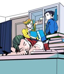 Rule 34 | 1girl, 2boys, :o, ace attorney, apollo justice, athena cykes, black eyes, black hair, blue bow, blue eyes, blue hairband, blue jacket, book, book stack, bow, bow hairband, brown hair, closed eyes, closed mouth, crescent, crescent earrings, desk, earrings, hair bow, hairband, holding, holding book, indoors, jacket, jewelry, long hair, looking at another, multiple boys, necklace, open clothes, open jacket, open mouth, orange hair, phoenix wright, ragi (od6fine), red vest, short hair, side ponytail, sleeping, vest, yellow jacket