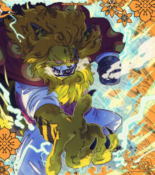 1boy absurdres animal_ears artist_name cat_boy cat_ears claws commentary english_commentary highres male_focus mane nekomamushi one_piece open_mouth prosthesis prosthetic_hand red_eyes sharp_teeth solo taku_(aywakutakuay) teeth whiskers