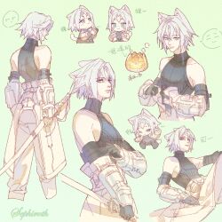 1boy aged_down animal_ears animal_hands arm_armor armor belt black_gloves cat_boy cat_ears cat_paws cat_tail character_name chibi chibi_inset chinese_commentary chinese_text cuntouxiaoyeju detached_sleeves facing_away facing_to_the_side final_fantasy final_fantasy_vii final_fantasy_vii_ever_crisis food gloves green_background green_eyes grey_hair hand_on_own_arm hand_up highres holding holding_sword holding_weapon jack-o&#039;-lantern katana leaning leaning_back light_smile looking_to_the_side looking_up male_focus multiple_views one_eye_closed pants parted_lips partially_colored pumpkin sephiroth sephiroth_(edged_wings) sephiroth_(ever_crisis) short_hair simple_background skin_tight sleeveless slit_pupils smile soup standing sword tail weapon