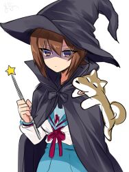 1girl adachi_(nogami_nono) alternate_costume black_cape black_hat blue_skirt brown_eyes brown_hair cape girls_und_panzer hat highres nishizumi_maho school_uniform serafuku shiba_inu skirt wand white_serafuku wizard_hat