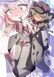 1girl absurdres animal_ears blue_archive blush bra breasts brown_coat brown_hat brown_pants cabbie_hat coat green_eyes green_hair hair_bobbles hair_ornament halo hat highres large_breasts long_hair long_sleeves low_twintails open_clothes open_coat open_mouth panties pants red_bra red_panties shirt signature solo to_(tototo_tk) torn_clothes torn_pants torn_shirt twintails underwear yakumo_(blue_archive) zoom_layer