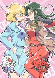 Rule 34 | 2girls, bad id, bad twitter id, black eyes, black gloves, blonde hair, blue eyes, blue skirt, blush, breast press, brown jacket, chibi, cima garahau, collared shirt, earrings, floating hair, formal clothes, from side, gerbera tetra, gloves, green hair, gundam, gundam 0083, gundam gp-01 zephyranthes, hair behind ear, hands on own hips, highres, iwasaki masakazu, jacket, jewelry, long hair, looking at another, mecha, military, military uniform, multiple girls, necktie, nina purpleton, open hand, radio antenna, robot, shirt, short hair, skirt, suit, symmetrical docking, thigh grab, v-fin, v-shaped eyebrows, white shirt, zeon