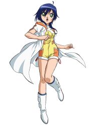 Rule 34 | 1girl, ahoge, bakugan, bakugan battle brawlers, bakugan gundalian invaders, bare shoulders, blue hair, boots, breasts, earrings, fabia sheen, green eyes, jacket, jewelry, looking at viewer, medium breasts, official art, open mouth, shirt, short hair, shorts, solo, third-party source, white boots, yellow shirt