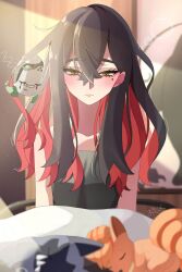 1girl black_hair blurry blurry_foreground blush carmine_(pokemon) closed_eyes closed_mouth colored_inner_hair commentary crossed_bangs eyelashes gen_1_pokemon gen_3_pokemon hair_between_eyes highres indoors long_hair loose_hair_strand mole mole_under_eye multicolored_hair ninkou_tan nintendo pokemon pokemon_(creature) pokemon_sv poltchageist poochyena red_hair sitting sleeping squeans symbol-only_commentary two-tone_hair vulpix yellow_eyes