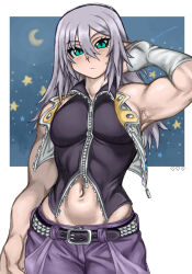 1boy arm_up armpits bare_shoulders belt blue_eyes chuchubreeze closed_mouth clothing_cutout commentary crescent english_commentary grey_hair highres kingdom_hearts long_hair male_focus navel navel_cutout pants partially_unzipped riku_(kingdom_hearts) sleeveless star_(symbol) stomach sweatdrop toned toned_male zipper