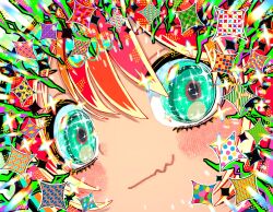1girl amate_yuzuriha aqua_eyes blush close-up commentary_request gundam gundam_gquuuuuux montaro482436 psychedelic red_hair smile solo sparkle sparkling_eyes