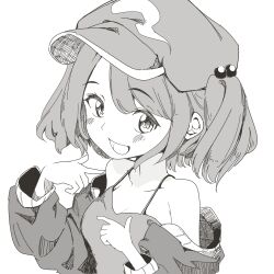 1girl blush breasts cactas7 collarbone hair_bobbles hair_ornament hat highres kawashiro_nitori long_sleeves looking_at_viewer medium_breasts monochrome open_mouth simple_background smile solo tank_top touhou upper_body white_background
