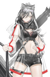 1girl absurdres animal_ears arknights black_scarf black_shorts breasts cat_ears cleavage commentary cowboy_shot crop_top grey_hair highres jacket long_hair looking_at_viewer medium_breasts midriff navel open_clothes open_jacket scarf schwarz_(arknights) shale short_shorts shorts simple_background solo standing stomach thighs white_background white_jacket yellow_eyes
