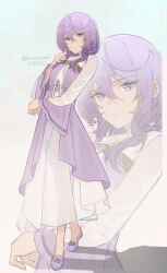 Rule 34 | 1girl, absurdres, closed mouth, commentary, dress, frown, full body, gradient background, hair between eyes, hand up, highres, kanpeki sugite kawaige ga nai to konyaku haki sareta seijo wa ringoku ni urareru, knowname, long hair, long sleeves, looking at viewer, philia adenauer, purple dress, purple eyes, purple hair, purple shoes, shoes, solo, twitter username, two-tone dress, white dress, wide sleeves, zoom layer