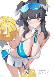1girl animal_ears bare_shoulders blue_archive blue_eyes breasts cheerleader cleavage closed_mouth commentary dog_ears dog_girl dog_tail eyewear_on_head halo hibiki_(blue_archive) hibiki_(cheer_squad)_(blue_archive) highres holding holding_pom_poms large_breasts looking_at_viewer mahou_kyuuri medium_hair official_alternate_costume pom_pom_(cheerleading) pom_poms signature skirt sunglasses tail white_skirt yellow_halo