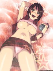 1girl breasts brown_eyes brown_hair can female_focus from_below large_breasts meiko_(vocaloid) midriff navel panties pantyshot raichi_(litchixlitchi) skirt smile solo underboob underwear upskirt vocaloid yamaha