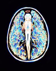 1girl abstract angel black_background brain colored_skin colorful commentary cross-section full_body halo highres no_nose original own_hands_together page_nak1 palms_together praying psychedelic short_hair smile solo sparkle surreal white_skin