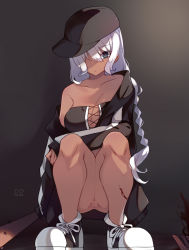 1girl :/ absurdres anus artist_name baseball_bat baseball_cap black_hat blood blood_on_leg blue_eyes braid breasts chinese_commentary cleavage closed_mouth collarbone cross-laced_clothes dark-skinned_female dark_skin ender_dreamer eyes_visible_through_hair full_body hat highres holding holding_baseball_bat indie_virtual_youtuber long_hair long_sleeves looking_at_viewer medium_breasts nail nail_(hardware) nail_bat off_shoulder pupa_jiang pussy shoelaces shoes sideways_hat single_bare_shoulder single_braid sleeves_past_wrists sneakers solo_focus squatting uncensored virtual_youtuber white_hair yellow_pupils