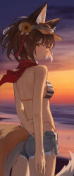 1girl absurdres animal_ear_fluff arm_behind_back bare_arms bare_back bare_shoulders beach bikini blue_archive blue_bikini blush brown_hair closed_mouth denim denim_shorts flower fox_girl fox_tail from_behind haimaotuanzi hair_flower hair_ornament highres izuna_(blue_archive) izuna_(swimsuit)_(blue_archive) looking_at_viewer ocean official_alternate_costume red_scarf scarf short_shorts shorts solo striped_bikini striped_clothes swimsuit tail visor_cap yellow_eyes yellow_flower
