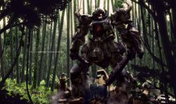 camouflage dagger damaged dual_wielding english_text forest glowing glowing_eye gm_(mobile_suit) gouf gouf_hunter gun gundam highres holding holding_weapon knife mecha mobile_suit_gundam nature no_humans oil rainforest robot shield spikes sword tree weapon yamarata