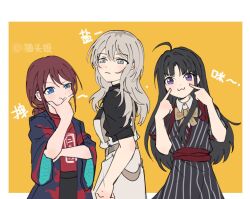 3girls :3 ahoge awa_subaru black_hair black_kimono blue_eyes blue_haori bow bowtie brown_bow brown_bowtie brown_hair catowjeemson chinese_commentary closed_mouth commentary_request girls_band_cry grey_eyes grey_hair haori iseri_nina japanese_clothes kawaragi_momoka kimono kuuhaku_to_catharsis long_hair looking_at_viewer low_twintails multicolored_hair multiple_girls parted_bangs purple_eyes red_shirt roots_(hair) shirt short_hair short_sleeves short_twintails sidelocks translation_request twintails