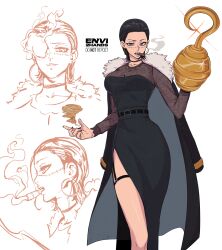 1girl absurdres artist_name belt belt_buckle black_belt black_choker black_coat black_dress black_hair black_nails breasts buckle choker cigar coat coat_on_shoulders collarbone commentary crocodile_(one_piece) dress earrings english_commentary envi2hands eyelashes fingernails forehead fur-trimmed_coat fur_trim genderswap genderswap_(mtf) glint grey_eyes hair_slicked_back hand_up highres hook hook_hand hoop_earrings jewelry long_sleeves looking_at_viewer medium_breasts mouth_hold multiple_views nail_polish necklace one_piece open_mouth profile sand scar scar_on_face short_hair side_slit simple_background smoke teeth thigh_strap watermark white_background