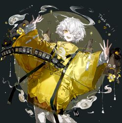 1boy :d absurdres bandage_over_one_eye chinese_commentary clothes_writing commentary_request commission cowboy_shot dated english_text high_collar highres jacket long_sleeves male_focus open_mouth original outstretched_arms pants shirt short_hair smile smoke solo spread_arms teeth thank_you train upper_teeth_only vihua6 watermark white_hair white_pants white_shirt wide_sleeves yellow_eyes yellow_jacket