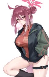 1girl absurdres ahoge bare_shoulders blue_archive blush breasts blowing_bubbles chewing_gum china_dress chinese_clothes choker crimecrime dress grey_jacket hair_between_eyes hair_bun halo highres jacket kneehighs large_breasts long_hair long_sleeves looking_at_viewer mole mole_under_eye open_clothes open_jacket pelvic_curtain red_dress red_eyes red_hair reijo_(blue_archive) short_dress side_slit single_hair_bun single_side_bun socks solo thigh_strap thighs
