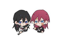 2girls bandaid bandaid_on_cheek bandaid_on_face bandaid_on_forehead bandaid_on_hand black_hair black_sailor_collar black_shirt blue_eyes blush_stickers chibi chinese_commentary clenched_hands commentary_request cropped_torso delinquent earrings ensemble_stars! genderswap genderswap_(mtf) hair_between_eyes hidaka_hokuto holding holding_lead_pipe hoop_earrings injury jewelry koikani lead_pipe long_hair long_sleeves multiple_girls neckerchief pink_hair red_neckerchief saegusa_ibara sailor_collar school_uniform serafuku shirt simple_background single_earring smirk tsurime white_background white_neckerchief white_sailor_collar white_shirt