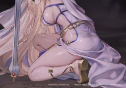 1girl armpits blindfold blonde_hair breasts brown_dust_(series) brown_dust_2 detached_sleeves dress dungeon goblin_slayer! gold_shoes large_breasts long_hair shoes sideboob sideless_dress sideless_outfit solo sword sword_maiden_(goblin_slayer) weapon white_dress