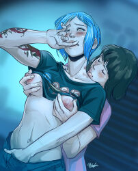 2girls afterlaughs arm_tattoo biting biting_finger black_shirt blue_eyes blue_hair blush breasts brown_hair chloe_price closed_eyes clothes_lift grabbing_another&#039;s_breast grabbing_from_behind groping hand_in_pants hickey highres life_is_strange_(series) life_is_strange_1 masturbation max_caulfield medium_breasts multiple_girls navel nipples one_eye_closed shirt shirt_lift short_hair short_sleeves signature stomach tattoo yuri