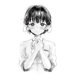 1girl anniu_(user_vemd7787) basori_tiara blush closed_mouth collared_shirt greyscale hands_on_own_chest hands_up highres looking_at_viewer make_heroine_ga_oo_sugiru! monochrome school_uniform shirt short_hair simple_background solo tsuwabuki_high_school_uniform white_background