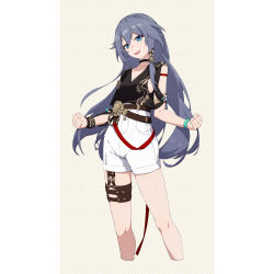 1girl :d absurdres belt black_choker black_hair black_shirt blue_eyes bracelet casual choker fu_hua fu_hua_(night_squire) fu_hua_(rustic_noir) highres honkai_(series) honkai_impact_3rd jewelry looking_at_viewer open_mouth shirt shorts smile solo white_shorts yikco