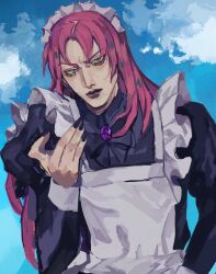 Rule 34 | 1boy, absurdres, alternate costume, apron, arm up, black bow, black dress, black nails, bow, cloud, collared dress, crossdressing, crossdressing (mtf), diavolo, dress, ei k20, enmaided, frilled apron, frills, gem, green eyes, highres, jojo no kimyou na bouken, juliet sleeves, lipstick, long sleeves, lower eyelashes only, maid, maid apron, maid headdress, makeup, male focus, male maid, nail polish, parted bangs, puffy sleeves, purple ears, purple gemstone, red hair, sky, sleeve cuffs, solo, spotted hair, vento aureo, white apron, wing collar