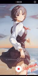 Rule 34 | 1girl, absurdres, bare legs, beach, black eyes, black hair, black skirt, blue sky, clothes lift, cloud, collared shirt, copyright notice, eri (sayonara eri), fake screenshot, feet out of frame, from side, highres, horizon, looking at viewer, looking back, motion blur, neck ribbon, ocean, outdoors, overall skirt, parted bangs, recording, red ribbon, ribbon, sayonara eri, school uniform, sentter, shirt, short hair, simple bird, skirt, skirt lift, sky, smile, solo, sunset, thighs, user interface, waves, white shirt