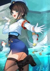 1girl aquarium armband backwards_hat baseball_cap bird black_boots black_hair black_thighhighs blue_eyes blue_shirt blue_skirt blush boots commentary_request cropped_jacket duck foot_out_of_frame from_side gloves hand_up hat high-waist_skirt highres hololive jacket long_sleeves looking_at_viewer official_alternate_costume oozora_subaru oozora_subaru_(police) open_mouth outstretched_arm pencil_skirt police police_hat police_uniform policewoman red_armband shirt short_hair skirt smile solo sora_no_tori standing standing_on_one_leg subaru_duck teeth thighhighs tongue underbutt upper_teeth_only virtual_youtuber water white_gloves white_hat white_jacket