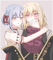 Rule 34 | 2girls, absurdres, animal ears, aver (yumenokessho), black coat, blonde hair, blue hair, blush, bow, bowtie, coat, commentary, doloris (bang dream!), double bun, facial tattoo, firman acker, food print, fruit print, hair bow, hair bun, hair up, hand on another&#039;s face, hand on another&#039;s shoulder, heart, highres, medium hair, misumi uika, multiple girls, outline, parted lips, pink background, purple eyes, red bow, red bowtie, shirt, simple background, strawberry print, sweets paradise, symbol-only commentary, tattoo, togawa sakiko, upper body, white outline, white shirt, yellow eyes, yuri