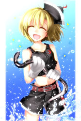 1girl alternate_costume bare_shoulders belt blonde_hair blush closed_eyes crescent eel female_focus gloves gradient_background happy hat highres kazetto lunasa_prismriver midriff moon navel open_mouth short_hair shorts sleeveless smile solo touhou water
