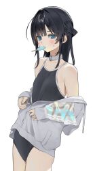 1girl absurdres bare_shoulders black_hair black_one-piece_swimsuit blue_eyes blush breasts clothes_down commentary cowboy_shot eating food food_in_mouth heart heart-shaped_pupils heart_collar highres jacket long_hair looking_at_viewer mashiro_kta mouth_hold one-piece_swimsuit original partially_unzipped popsicle popsicle_in_mouth simple_background small_breasts solo sweatdrop swimsuit symbol-shaped_pupils white_background white_jacket