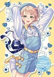 Rule 34 | 1boy, :d, arms up, belt, blonde hair, blue hat, blue overalls, blush, collared shirt, commentary request, contrast collar, drop shadow, ensemble stars!, green eyes, grid background, happy birthday, hat, highres, legs up, long sleeves, looking at viewer, lq saku, male focus, open mouth, outline, overalls, ribbed socks, shiratori aira (ensemble stars!), shirt, shoes, short hair, smile, socks, solo, white outline, white shirt, white socks, yellow background, yellow belt, yellow shoes