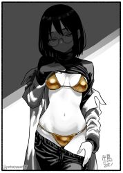 1girl artist_name bikini border breasts clothes_lift clothes_pull commentary_request glasses gold_bikini greyscale highres jacket lifting_own_clothes looking_at_viewer medium_breasts medium_hair monochrome navel off_shoulder open_clothes open_jacket original pants pants_pull pino_sweet pulling_own_clothes round_eyewear solo spot_color stomach sweater sweater_lift swimsuit twitter_username white_border yellow_eyes