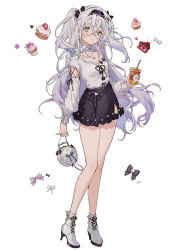 1girl bag black_bow black_hairband black_skirt blush boots bow cake closed_mouth commentary commission cup detached_sleeves disposable_cup drinking_straw food full_body green_eyes grey_hair hair_bow hairband highres holding holding_bag holding_cup long_hair looking_at_viewer original shirt skeb_commission skirt solo standing thighs twintails white_boots white_shirt yutsumoe