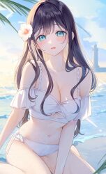 1girl absurdres bare_shoulders beach bikini black_hair blush breasts cleavage collarbone flower hair_flower hair_ornament highres kinako_(shiratama_mochi) large_breasts long_hair looking_at_viewer navel open_mouth original outdoors palm_leaf palm_tree sitting solo stomach swimsuit thighs tree white_bikini
