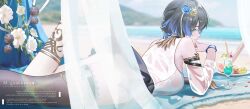 Rule 34 | 1girl, absurdres, beach, black hair, black skirt, black thighhighs, blue eyes, blue flower, bracelet, detached sleeves, flower, hair bun, hair flower, hair ornament, highres, jewelry, katya klein, lying, mogamigawa (mwft8758), multicolored hair, multiple bracelets, ocean, on stomach, shirt, single thighhigh, skirt, snowbreak: containment zone, solo, thighhighs, two-tone hair, wet, wet clothes, wet shirt, white shirt