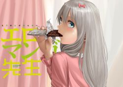 1girl blue_eyes bow chocolate eating eromanga_sensei hair_bow highres izumi_sagiri kilye_kairi long_hair looking_at_viewer pink_bow silver_hair solo